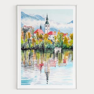 Stampa ad acquerello del lago di Bled, arte murale della Slovenia, dipinto del paesaggio di Bled, arredamento alpino