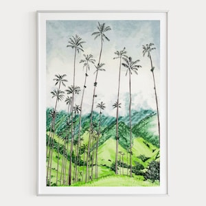 Impresión de acuarela del Valle del Cocora, arte mural colombiano, pintura de paisaje colombiano, decoración tropical, regalo de viaje