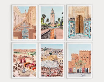 Morocco Wall Art Set of 6, Watercolor Prints, Morocco Cityscape Paintings, Moroccan Boho Decor