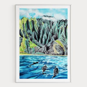 Na Pali Coast Watercolor Print, Hawaii Wall Art, Kauai Island, Hawaiian Coastal Beach House Decor, Digital Download | NorrskenArt image 1