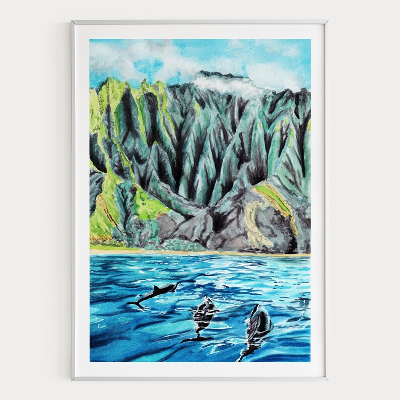 Na Pali Coast Watercolor Print, Hawaii Wall Art, Kauai Island, Hawaiian Coastal Beach House Decor, Digital Download | NorrskenArt image 1