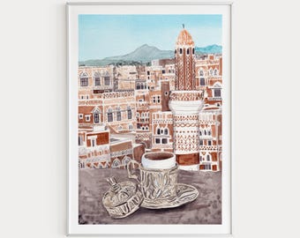Yemen Print, Sanaa Art Print, Yemen Wall Art, Watercolor Print, Yemen Wall Art, Middle East Print, Yemen Painting, Coffee Art, Travel Gift