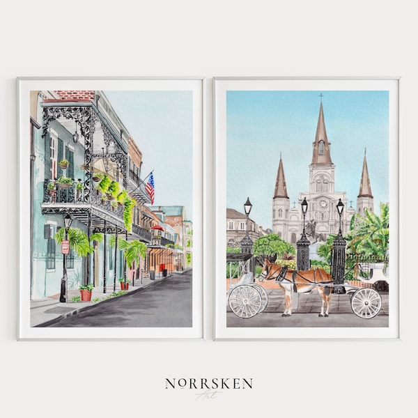 Conjunto de Nueva Orleans de 2 grabados en acuarela, Arte mural de Nueva Orleans, Pintura del Barrio Francés, Arte de los Estados Unidos, Paisaje urbano de Nueva Orleans, Regalo de viaje