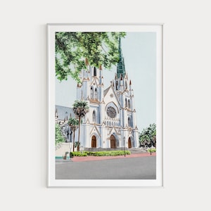 Cathedral of St John the Baptist, Savannah Print, Georgia Wall Art, Watercolor Painting, Savannah Cityscape, Travel Gift, USA Print