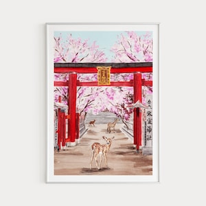 奈良プリント、日本のウォールアート、水彩画、奈良の街並み、日本のアート、日本の絵画、春のウォールアート、アジアンアート、旅行ギフト