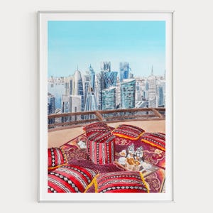 Impresión de acuarela de Doha, arte mural de Qatar, pintura del horizonte de Doha, decoración de Oriente Medio