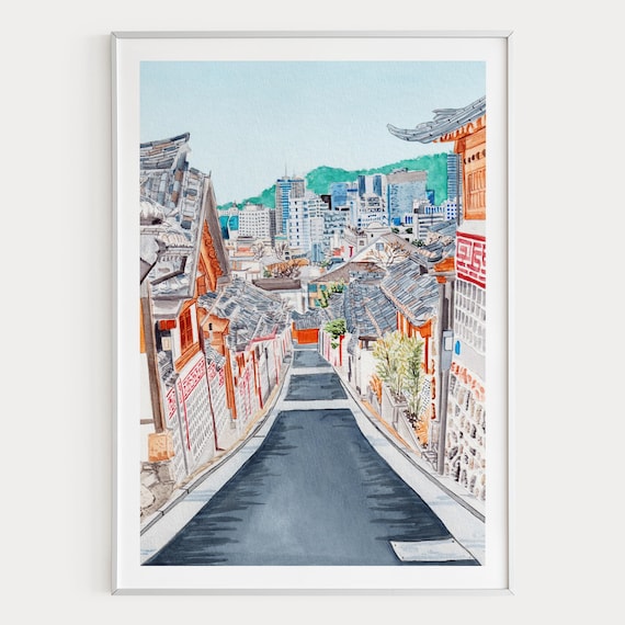Bukchon Hanok Watercolor Print, South Korea Wall Art, Seoul Cityscape Painting, South Korea Decor