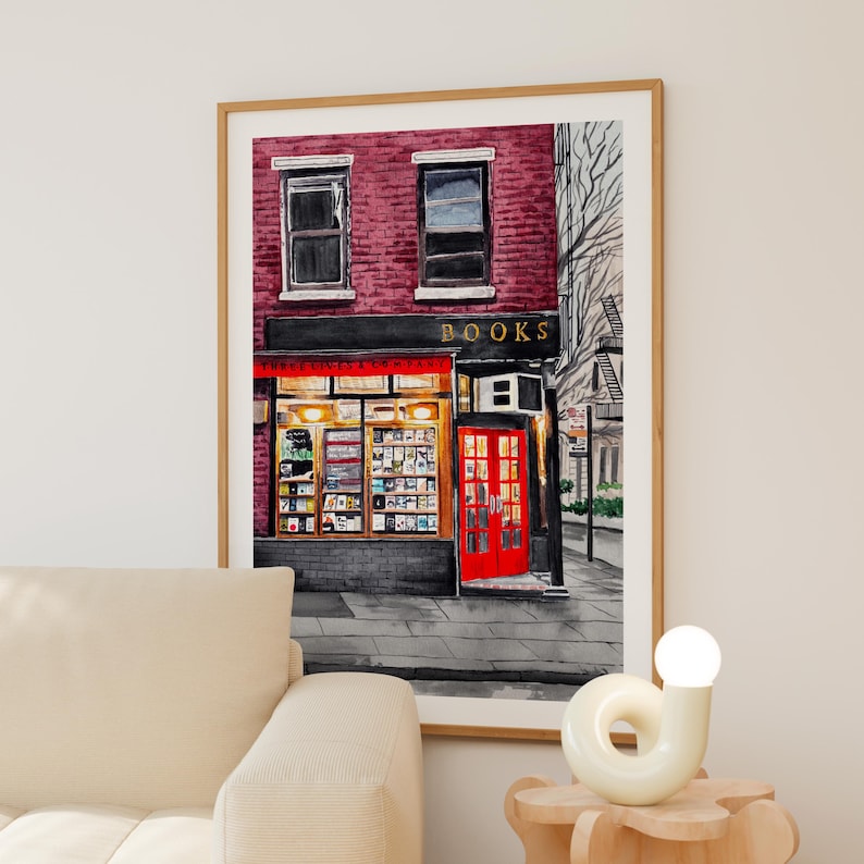 Impresión de acuarela de librería, arte mural de Nueva York, regalo para amantes de los libros, decoración literaria para ratones de biblioteca imagen 3