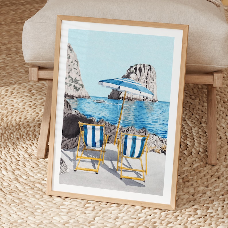 La Fontelina Strand Druck, Italien Wandkunst, Capri Aquarell Landschaft, Italienisches Küstendekor, Reisegeschenk Bild 5