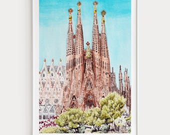 La Sagrada Familia Watercolor Print, Barcelona Wall Art, Spain Decor, Barcelona Cityscape Painting