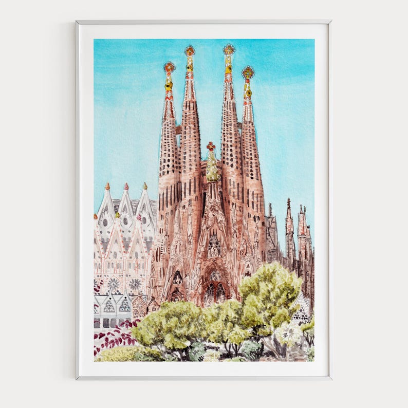 Impresión en acuarela de la Sagrada Familia, arte mural de Barcelona, decoración de España, pintura del paisaje urbano de Barcelona imagen 1