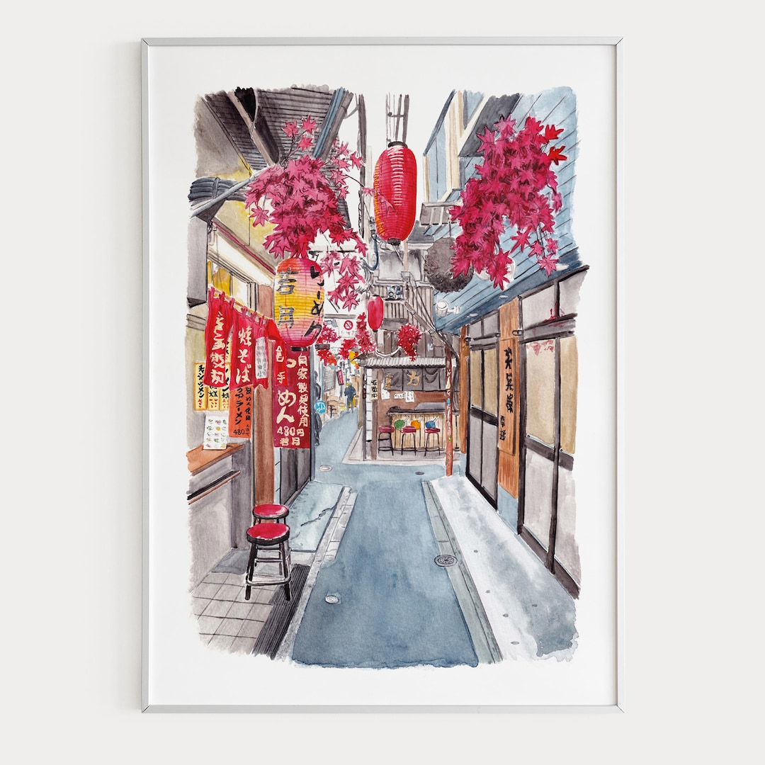 Shinjuku Alley Watercolor Print, Japan Wall Art, Tokyo Cityscape