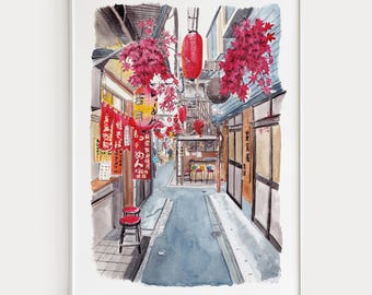 Impresión de acuarela del callejón de Shinjuku, arte mural japonés, pintura del paisaje urbano de Tokio, decoración urbana japonesa