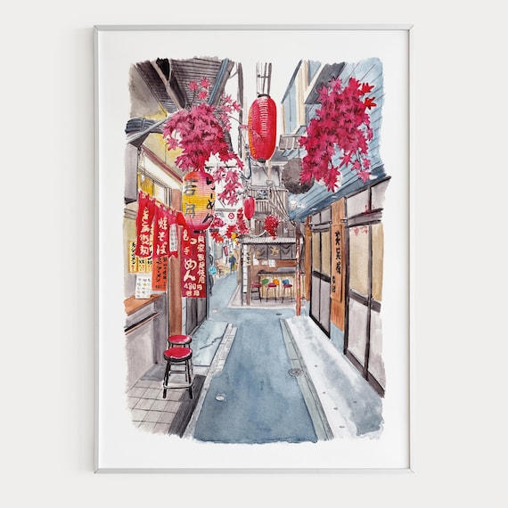 新宿路地裏の水彩画、日本の壁画、東京の街並み、日本の都市装飾