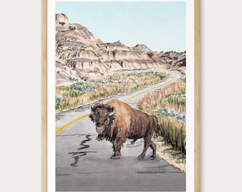 North Dakota Watercolor Print, Theodore Roosevelt National Park Wall Art, American Bison North Dakota Landscape