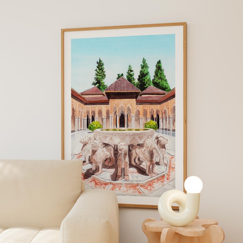 Alhambra Palace Watercolor Print, Spain Wall Art, Granada Cityscape Painting, Moorish Decor image 3