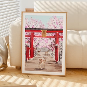 Impresión de acuarela de Nara, Japón, arte mural de primavera, pintura del paisaje urbano de Nara, paisaje de sakura, decoración japonesa imagen 4