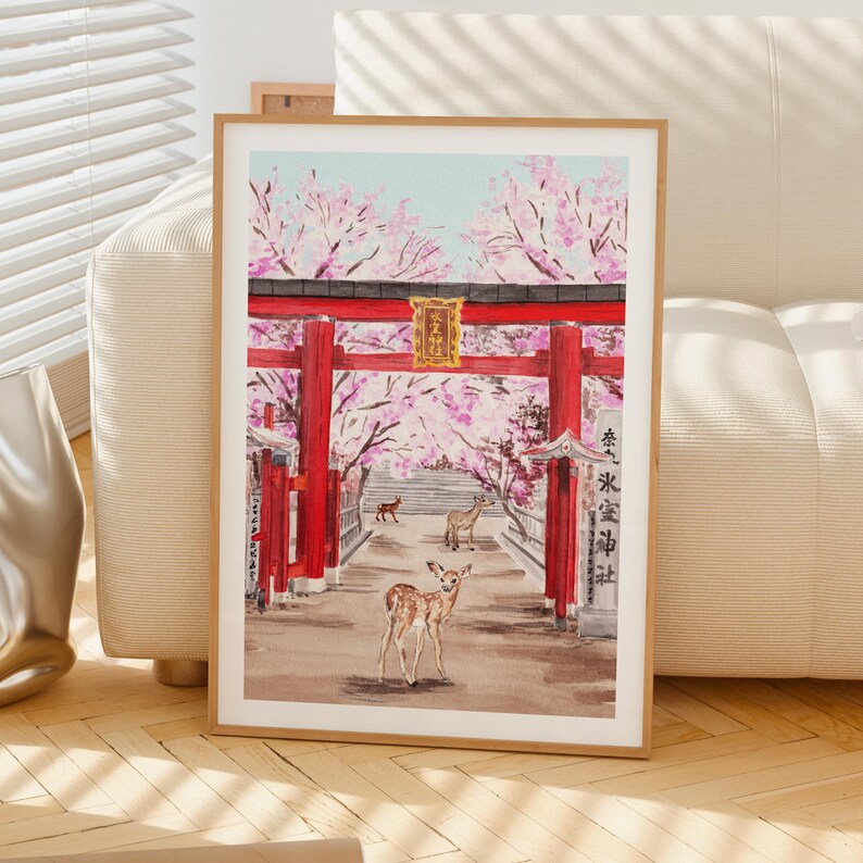Impresión de acuarela de Nara, Japón, arte mural de primavera, pintura del paisaje urbano de Nara, paisaje de sakura, decoración japonesa imagen 4