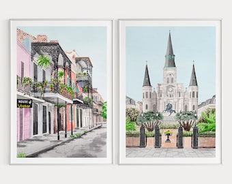 Set di 2 stampe ad acquerello di New Orleans, arte murale di New Orleans, dipinto del quartiere francese, arte degli Stati Uniti, paesaggio urbano di New Orleans, regalo da viaggio