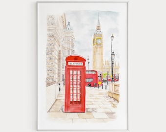 London Art Print, London Watercolor Painting, London Wall Art, London Print, London Cityscape, London England, Big Ben Art Print, London Art