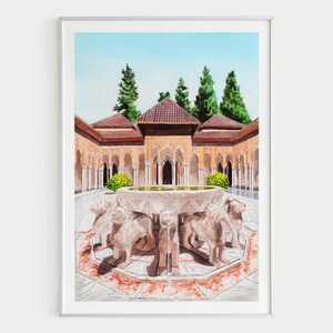 Alhambra Palace Watercolor Print, Spain Wall Art, Granada Cityscape Painting, Moorish Decor image 1