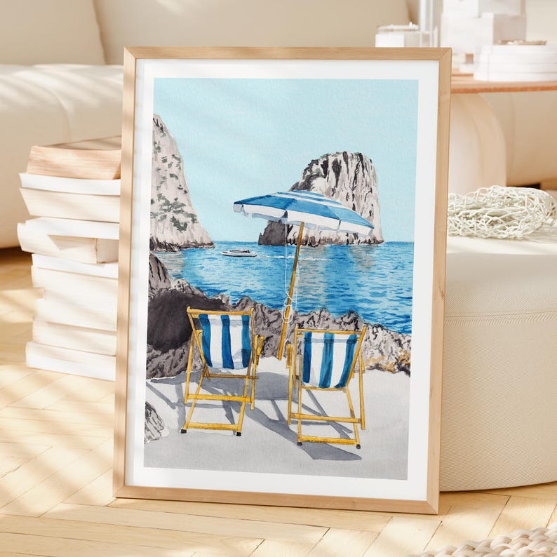 La Fontelina Strand Druck, Italien Wandkunst, Capri Aquarell Landschaft, Italienisches Küstendekor, Reisegeschenk Bild 2