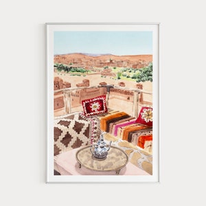 Impression Ouarzazate, art mural Maroc, aquarelle, impression d'art Maroc, art traditionnel, déco Maroc, art de l'Afrique du Nord, cadeau de voyage