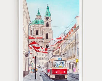 Prague Watercolor Painting, Czech Republic Wall Art, Prague Cityscape Print, Czech Republic Decor