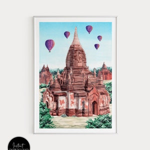 Bagan Print, Myanmar Wall Art, Watercolor Print, Myanmar Print, Printable Art, Myanmar Wall Decor, Bagan Landscape, Asian Art, Travel Gift