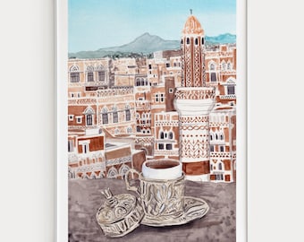 Yemen Watercolor Print, Sanaa Landscape Painting, Yemen Wall Art, Yemeni Coffee Middle East Decor
