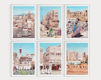 Yemen Set of 6 Watercolor Prints, Yemen Wall Art, Gallery Set of 6 Printable Art, Yemen Print, Middle East Art, Yemen Painting, Travel Gift