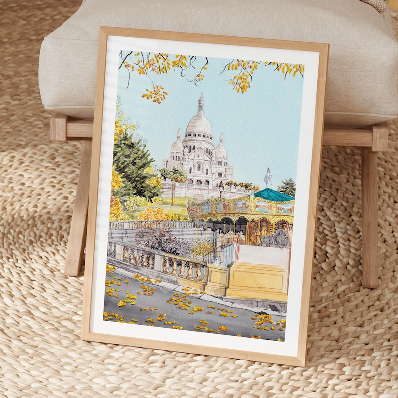 Sacre Coeur Watercolor Print, Paris Wall Art, Montmartre Paris Cityscape Painting, Parisian Home Decor image 2