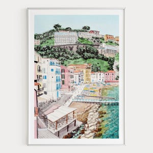 Sorrento Print, Amalfi Coast Wall Art, Sorrento Watercolor Landscape, Italian Coastal Decor, Italy Travel Gift image 1