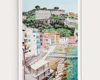 Sorrento Print, Amalfi Coast Wall Art, Sorrento Watercolor Landscape, Italian Coastal Decor, Italy Travel Gift
