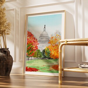 Washington DC Watercolor Print, US Capitol Wall Art, Washington DC Autumn Cityscape, Travel Gift image 6