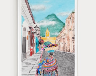 Impressão em aquarela de Antigua, arte de parede da Guatemala, pintura da paisagem urbana de Antigua, presente de viagem para a América Central