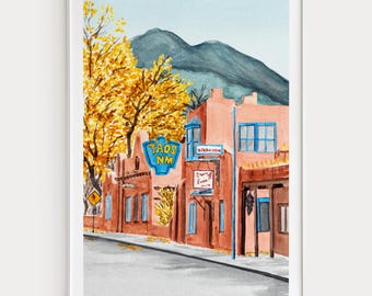 Impresión de acuarela de Taos, arte mural de Nuevo México, pintura de paisaje de Taos, decoración otoñal del suroeste