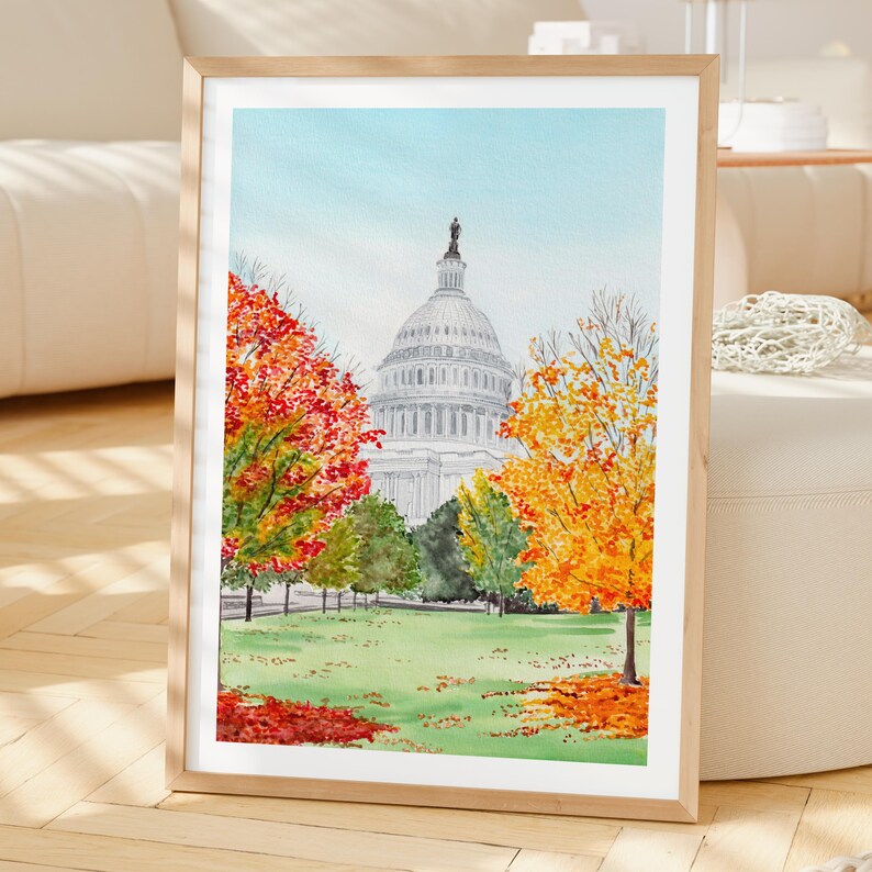 Washington DC Watercolor Print, US Capitol Wall Art, Washington DC Autumn Cityscape, Travel Gift image 2