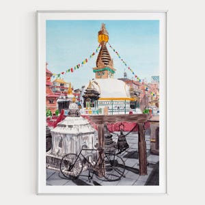 Impresión de acuarela de Katmandú, arte mural de Nepal, pintura del paisaje urbano de Katmandú, decoración nepalí