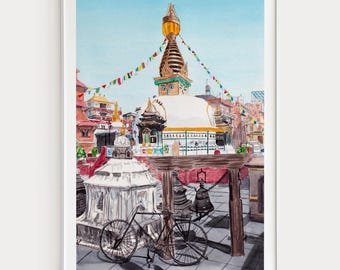 Impresión de acuarela de Katmandú, arte mural de Nepal, pintura del paisaje urbano de Katmandú, decoración nepalí