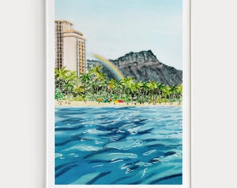 Akvarelltryck av Waikiki Beach, väggkonst på Hawaii, kustmålning i Honolulu, hawaiisk resegåva