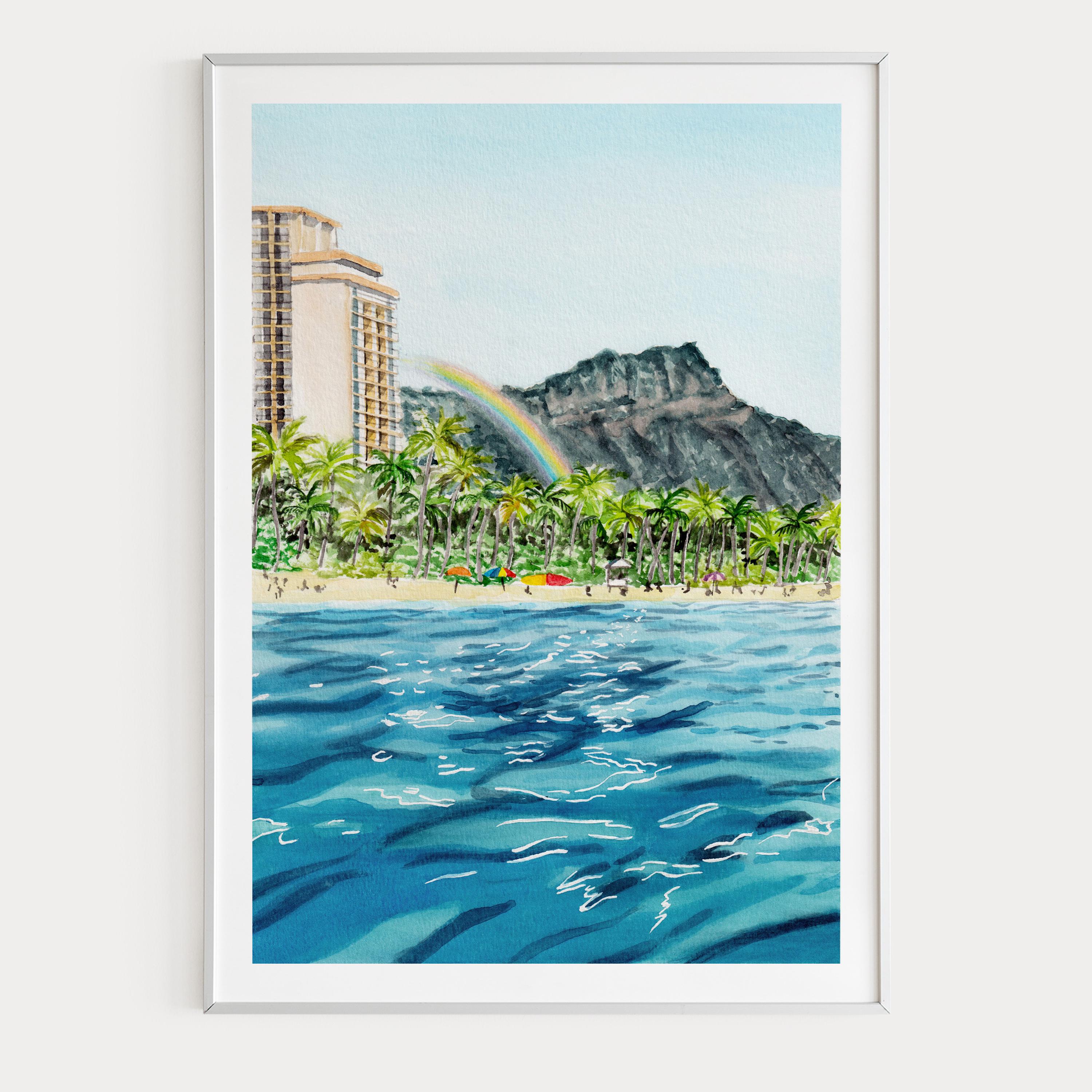 ワイキキビーチの水彩画、ハワイのウォールアート、ホノルルの海岸の