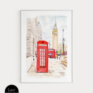 ロンドンのアートプリント、ロンドンの水彩画、ロンドンの壁画、ロンドンのプリント、ロンドンの街並み、ロンドン（イングランド）、ビッグベンのアートプリント、ロンドンのアート
