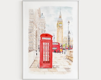 London Art Print, London Watercolor Painting, London Wall Art, London Print, London Cityscape, London England, Big Ben Art Print, London Art