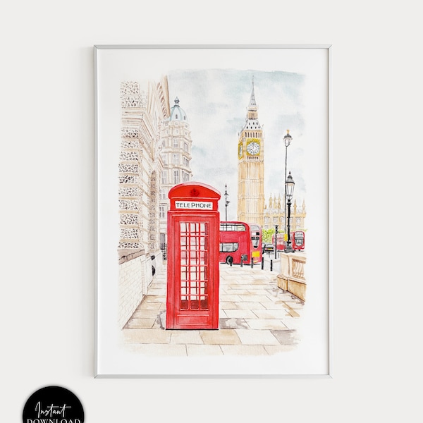 London Art Print, London Watercolor Painting, London Wall Art, London Print, London Cityscape, London England, Big Ben Art Print, London Art