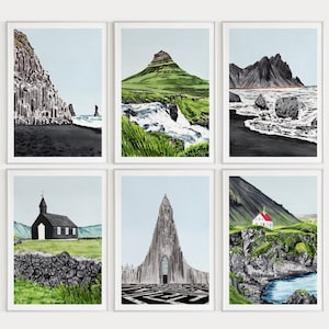 Iceland Set of 6, Iceland Wall Art, Watercolor Painting, Scandinavian Art, Iceland Wall Decor, Iceland Landscape, Europe Print, Travel Gift