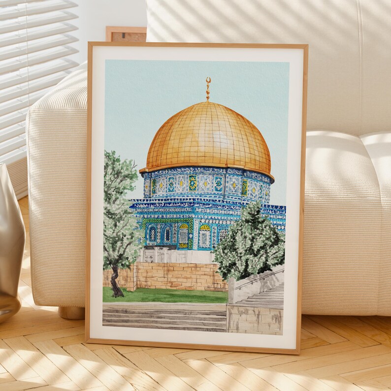 Al Aqsa Mosque Watercolor Print, Jerusalem Wall Art, Jerusalem Cityscape Painting, Middle East Decor image 5