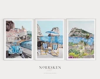 Italy Set of 3 Watercolor Print, Amalfi Coast Art, Italy Wall Art, Capri Art Print, Atrani Art, Ischia Landscape, Gallery Wall Set