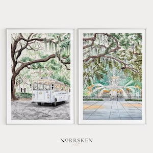 Savannah Set of 2 Watercolor Print, Georgia Wall Art, Savannah Art Print, Savannah Painting, USA Print, Savannah Cityscape, Travel Gift