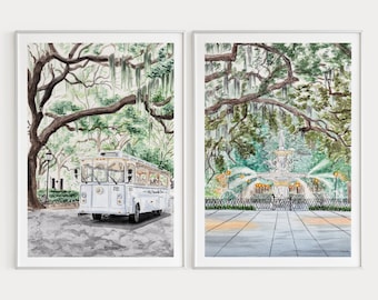 Set di 2 stampe ad acquerello di Savannah, Georgia Wall Art, stampa artistica di Savannah, dipinto di Savannah, stampa degli Stati Uniti, paesaggio urbano di Savannah, regalo da viaggio